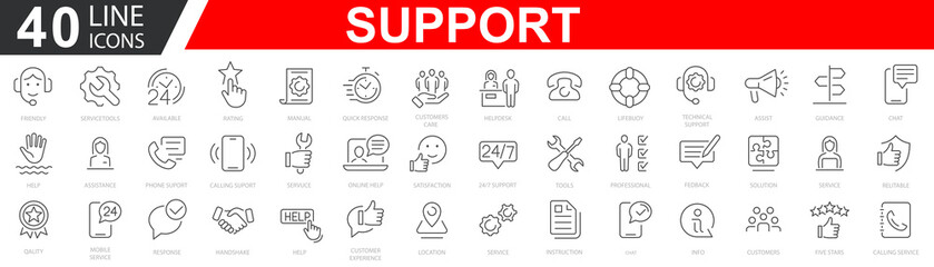 Fototapeta premium Customer Service and Support icon set. Support service. Helpdesk, Quick Response, Feedback. Technical support, help, call center, hotline, live chat and assistance. Vector illustration