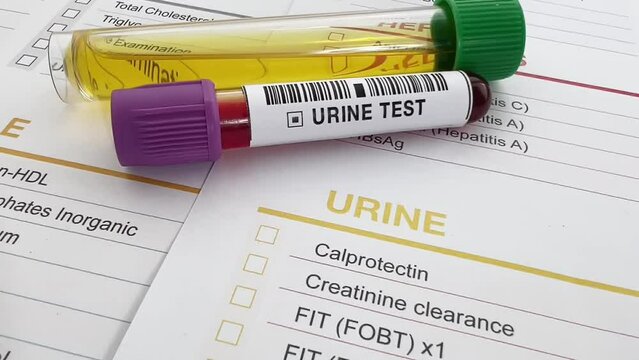 blood and urine samples from a patient for drug control in the laboratory. blood and urine Tubes on analysis test request document for analysis