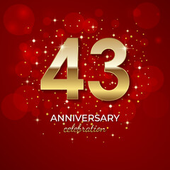 43th Anniversary. Golden number 43 with sparkling confetti and glitter for celebration events, weddings, invitations and greeting cards. Realistic 3d sign. Vector festive illustration