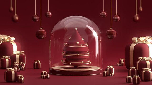 Christmas tree glass podium and ornaments black background social media post 3d render