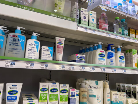 Seattle, WA USA - circa November 2022: Close up view of CeraVe and Cetaphil skincare products for sale inside a Rite Aid Pharmacy.