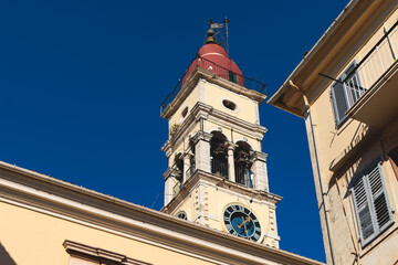 Saint Spyridon Church, a Greek Orthodox church located in Corfu, Kerkyra old town, Ionion Islands, Greece, summer sunny day, single-nave basilica with bell tower, Agios Spiridon church