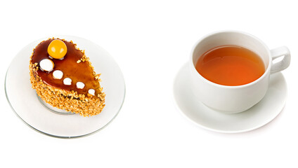 Cake tea in a porcelain cup isolated on white .Wide photo. Free space for text.