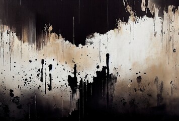 Luxury abstract black background with blots, splashes, cracked paint, stainless stell metallic panel, cracked distressed concrete.
