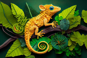 Paper Cut Design of Crested Gecko on Tree Branch in Rain Forest. Generative AI