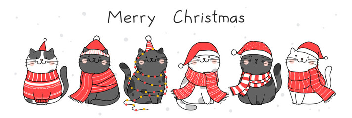 Hand drawn vector illustration cute cat for Christmas and New Year.
