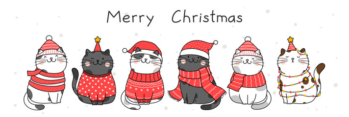 Hand drawn vector illustration character design cute funny cat for christmas and new year.