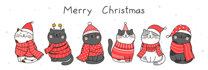 Hand drawn vector illustration character cute cat for Christmas and New Year.