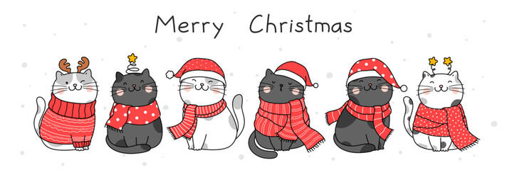 Hand drawn vector illustration character design cute cat for christmas and new year.