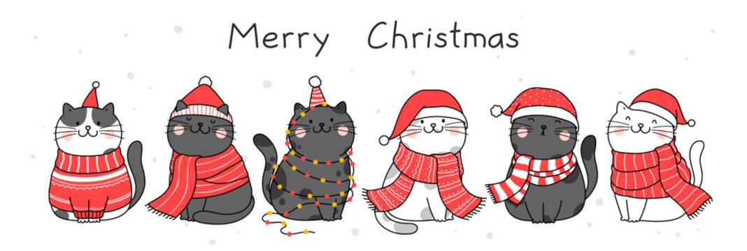 Hand drawn vector illustration cute cat for Christmas and New Year.