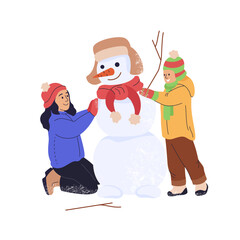 Smiling girl with boy building snowman. Kids playing outdoors on winter holidays. Cute little children having fun in wintertime. Vacation and childhood. Flat vector illustration isolated