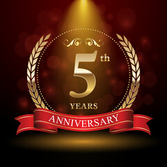 5th Anniversary. Anniversary Logo Design with Laurel Wreath and Red Ribbon for Celebration Event, Wedding, Invitation, Greeting Card. Logo Vector Illustration