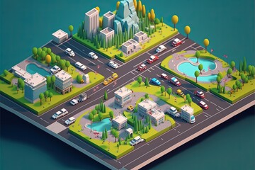 Illustration about isometric cartoon city map. Made by AI.