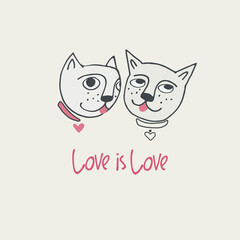 Print with funny cat, lettering love is love and hearts. Valentine s day concept. Perfect for kids. Made of vector illustrations in cartoon, sketch style