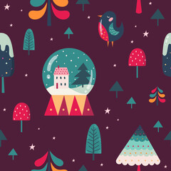 colorful Christmas pattern with cute snow globe and winter stuff for wrapping paper