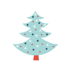 Christmas tree in minimalist style with new year holiday symbols. Winter forest clipart. Vector flat isolated illustration.