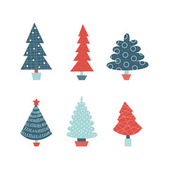 Obraz premium Christmas tree in minimalist style with new year holiday symbols. Winter forest clipart. Vector flat isolated illustration.