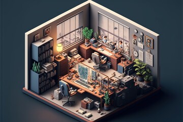 Illustration about isometric cartoon office. Made by AI.
