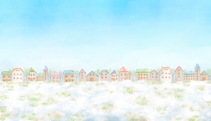 春のはじめのヨーロッパの町の風景。雪解けの地面から芽吹き、春が訪れた様子。