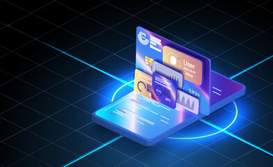 Buy by card, online payment app for smartphone and bank cards mockup vector illustration set Online in-app purchases, digital marketing, a credit card a box on the smartphone screen.	