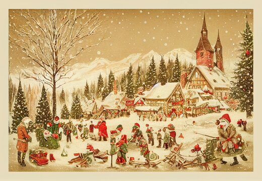 Vintage Merry Christmas postcard with a winter landscape, snowy background, people enjoying, celebrating holiday. christmas tree, toys and decorations. Ilusstration for advertising.