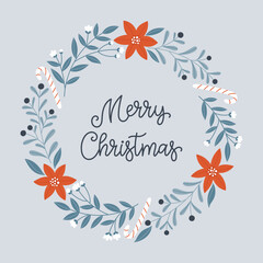 Fototapeta na wymiar Merry Christmas. Festive Christmas template with poinsettia wreath, twigs and lettering.