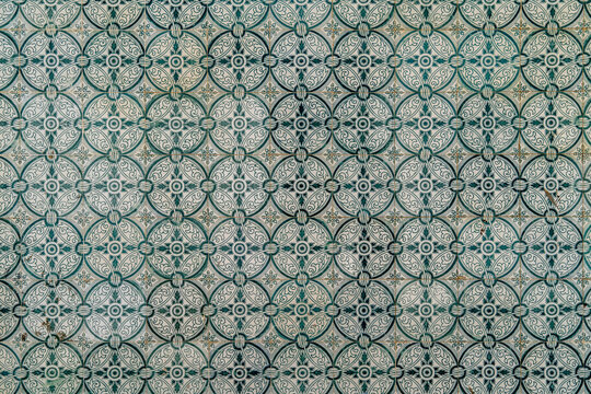 Retro pattern old vintage floor tiles. Portuguese House style exterior facade hydraulic ceramic mosaic tiles