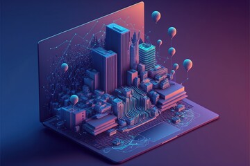 Fototapeta Illustration about futuristic city on laptop. Made by AI. obraz