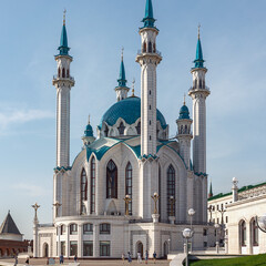 Majestic white stone minarets of the Kul Sharif mosque in Kazan, Tatarstan, Russia