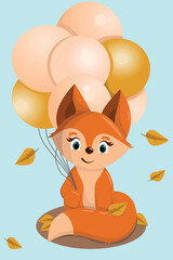 Cute fox. Funny illustration of a fox with balloons. Baby Hare