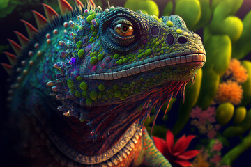colorful exotic iguana, crazy rainforest creature, generative ai - obrazy, fototapety, plakaty