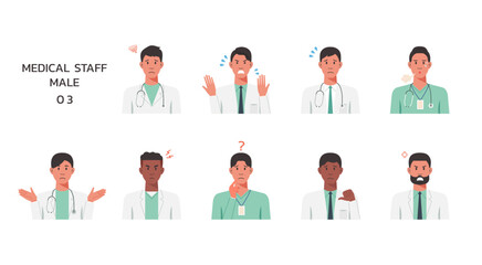 People portraits of medical staffs with negative emotion isolated set, male faces avatars, vector flat illustration	 - obrazy, fototapety, plakaty