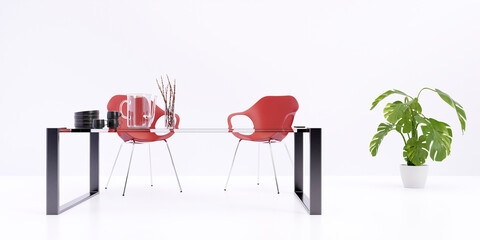 red chairs and glass table 3d rendering