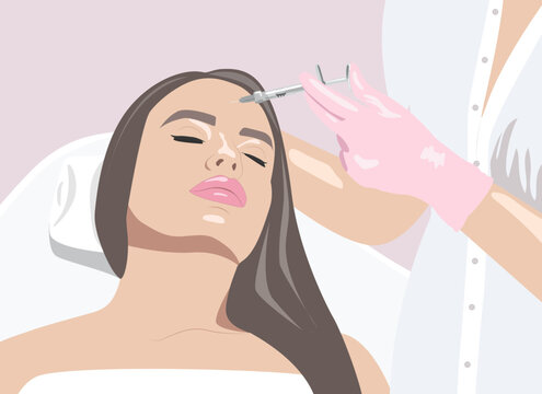 Vector illustration. Cosmetologist makes anti-wrinkle injections on the face of a beautiful woman. Women's aesthetic cosmetology in a beauty salon.