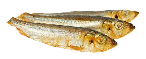 Baltic smoked golden sprat isolated on white background.
