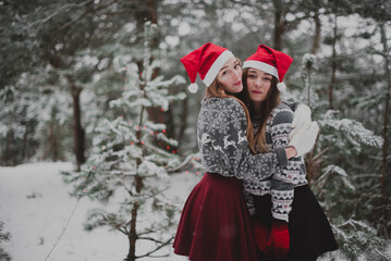 Two young teenage hipster girl friends together.Close up fashion portrait of two sisters hugs and having fun winter time,wearing red santa hats and sweater,best friends couple outdoors, snowy weather