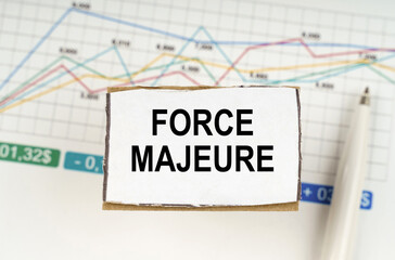 Against the background of business graphics and pens, a sign with the inscription - Force Majeure