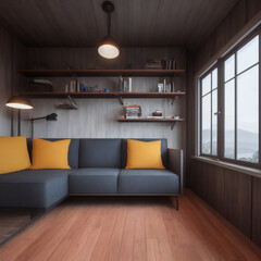 Interior room shot with bookcases of a converted shipping container home. Rustic wood design. 28 of 39