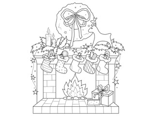 Christmas fireplace with socks and decorations. Children coloring book. Vector