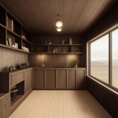 Interior room shot with bookcases of a converted shipping container home. Rustic wood design. 26 of 39