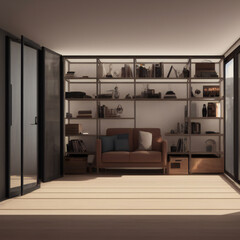 Interior room shot with bookcases of a converted shipping container home. Rustic wood design. 25 of 39
