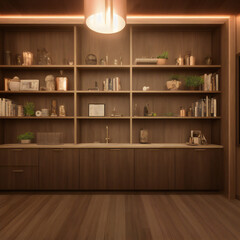 Interior room shot with bookcases of a converted shipping container home. Rustic wood design. 20 of 39