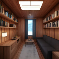 Fototapeta na wymiar Interior room shot with bookcases of a converted shipping container home. Rustic wood design. 1 of 39