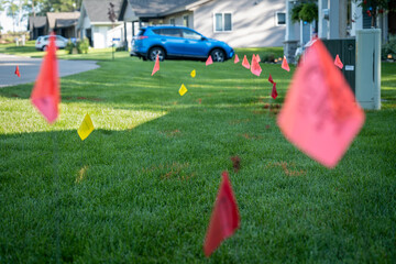 Warning flags on the green grass of a residential lawn, used to prevent injury when digging for...
