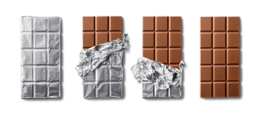 Top view of milk chocolate bar and chocolate bars in foil