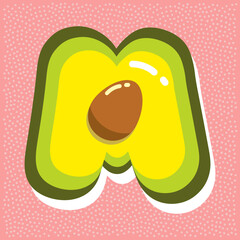 ripe avocado with pit, font abc, letter M