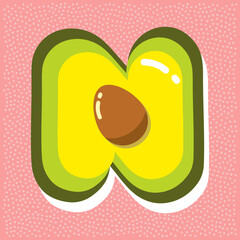 ripe avocado with pit, font abc, letter N