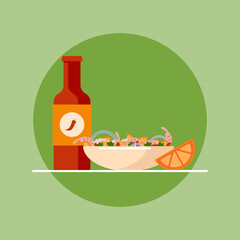 shrimp and orange salad with vegetables along with a bottle of hot chili sauce