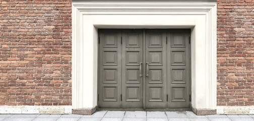 wooden door and window of the house, front view of the building