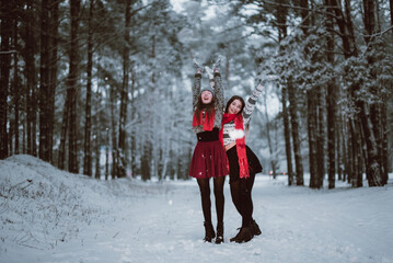 Close up fashion portrait of two sisters hugs and having fun in winter time forest, wearing sweaters and scarfs,best friends couple outdoors, snowy weather